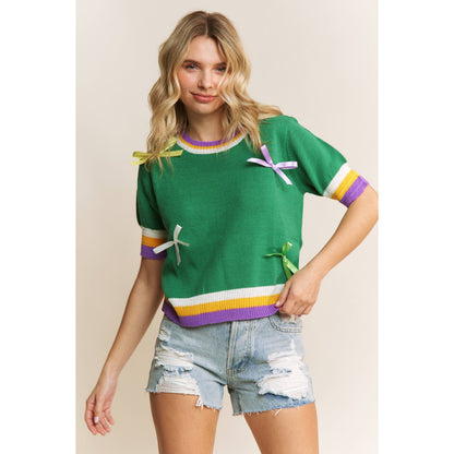 MARDI GRAS BOW DETAIL SHORT SLEEVE PULLOVER TOP