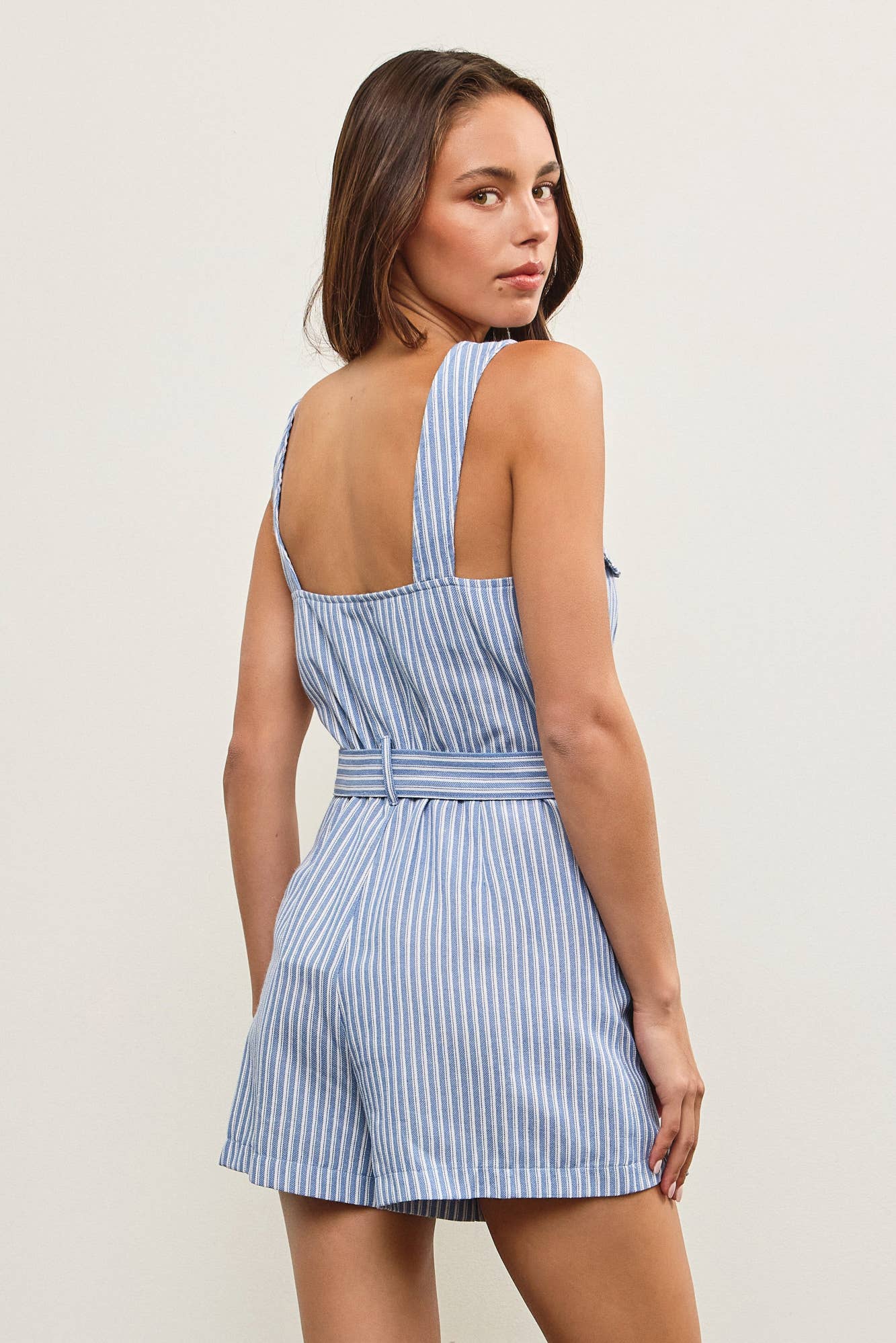 BELTED WAIST BUTTON CLOSURE SLEEVELESS ROMPER