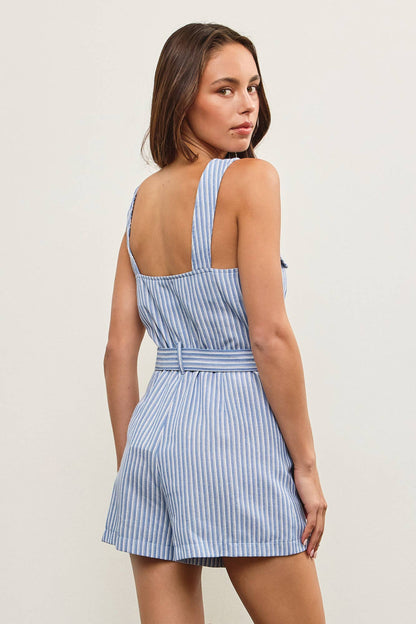 BELTED WAIST BUTTON CLOSURE SLEEVELESS ROMPER