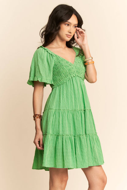 PLUS SMOCKING BODICE RUFFLE SLEEVE TIERED DRESS