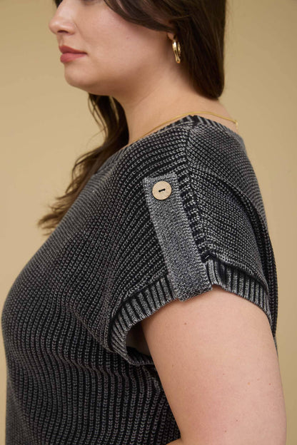 WASHED KNIT SHORT TAB SLEEVE PULLOVER SWEATER