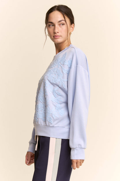 Davi & Dani - SHEER FLORAL FRONT EMBROIDERY ON SELF SWEATSHIRT
