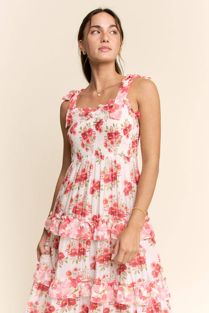 Davi & Dani - GARDEN FLORAL RUFFLE SMOCK SHOULDER MIDI DRESS