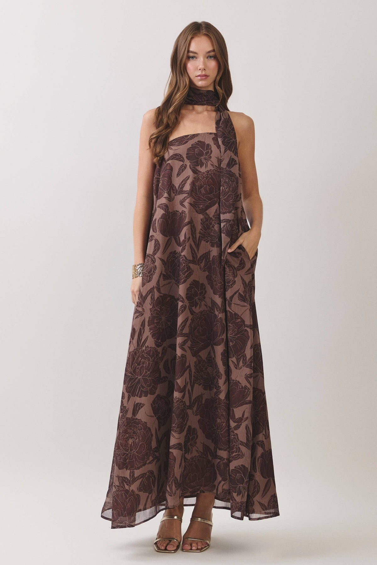 TCEC - CD07487-Floral Print Scarf Maxi Dress