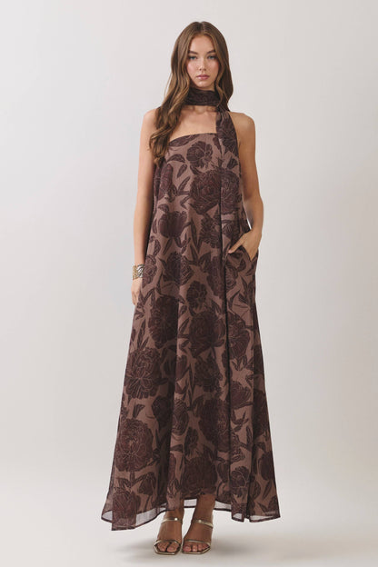 TCEC - CD07487-Floral Print Scarf Maxi Dress
