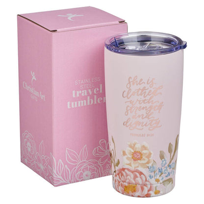 Christian Art Gifts - Tumbler SS Pink Strength & Dignity Prov. 31:25