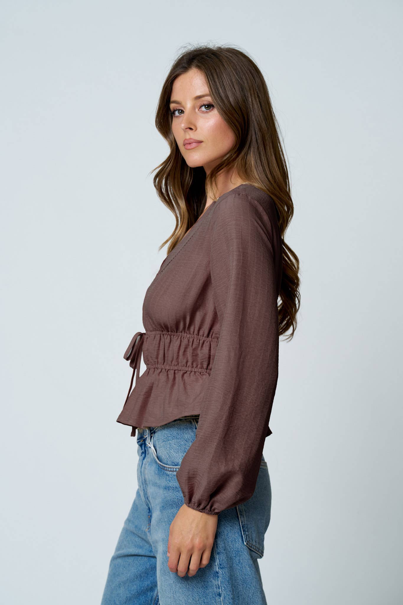 Blu Pepper - LADDER LACE TRIM V NECK LONG SLEEVE RUFFLE HEM TOP