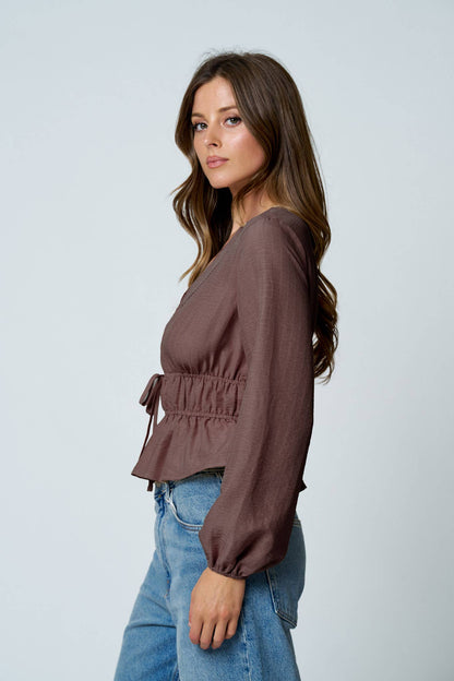 Blu Pepper - LADDER LACE TRIM V NECK LONG SLEEVE RUFFLE HEM TOP