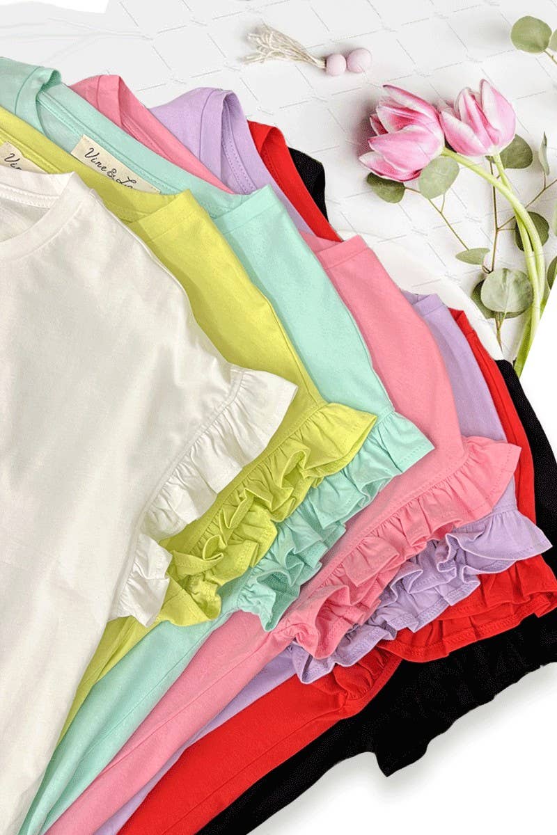 Vine & Love - Ruffle Accent Short-Sleeve Crew Neck 100% Cotton Top VT82411