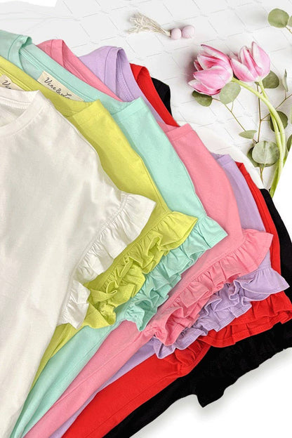 Vine & Love - Ruffle Accent Short-Sleeve Crew Neck 100% Cotton Top VT82411