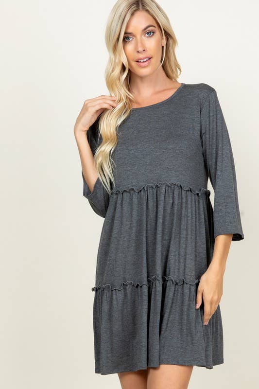 BLACK SOLID DRESS WITH RUFFLE DETAIL
