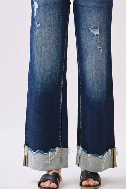 Petra153 - P1554W-DK HIGH RISE STRETCH WIDE LEG W/ CUFFED HEM JEANS