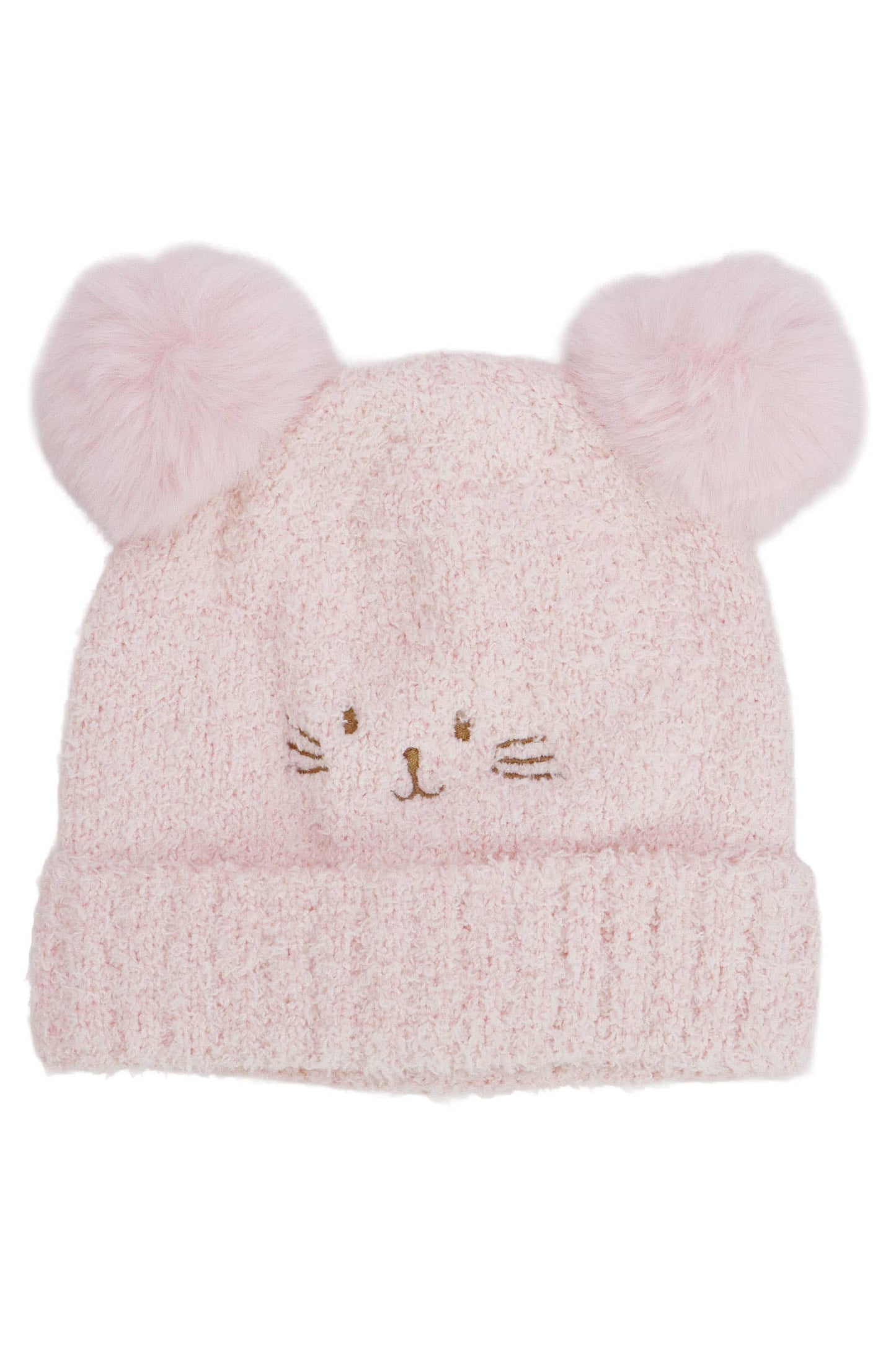 Cap Zone - Kids Kitty Cat Terry Fleece Double Pom Beanie