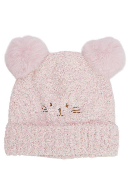 Cap Zone - Kids Kitty Cat Terry Fleece Double Pom Beanie