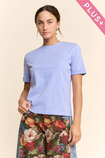 Davi & Dani - PLUS RHINESTONE EMBELLISHED RELAXED CREW NECK TEE