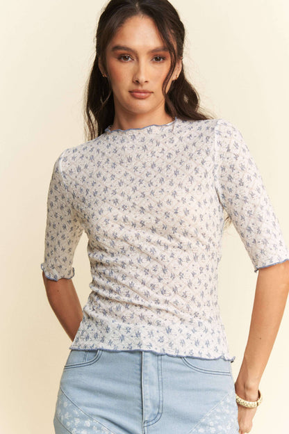 Davi & Dani - PLUS LACE STRETCH FLORAL MARROW EDGE KNIT TOP
