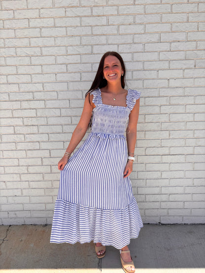 STRIPE SMOCKED RUFFLE TRIM MIDI DRESS