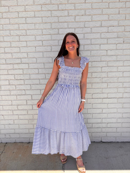 STRIPE SMOCKED RUFFLE TRIM MIDI DRESS