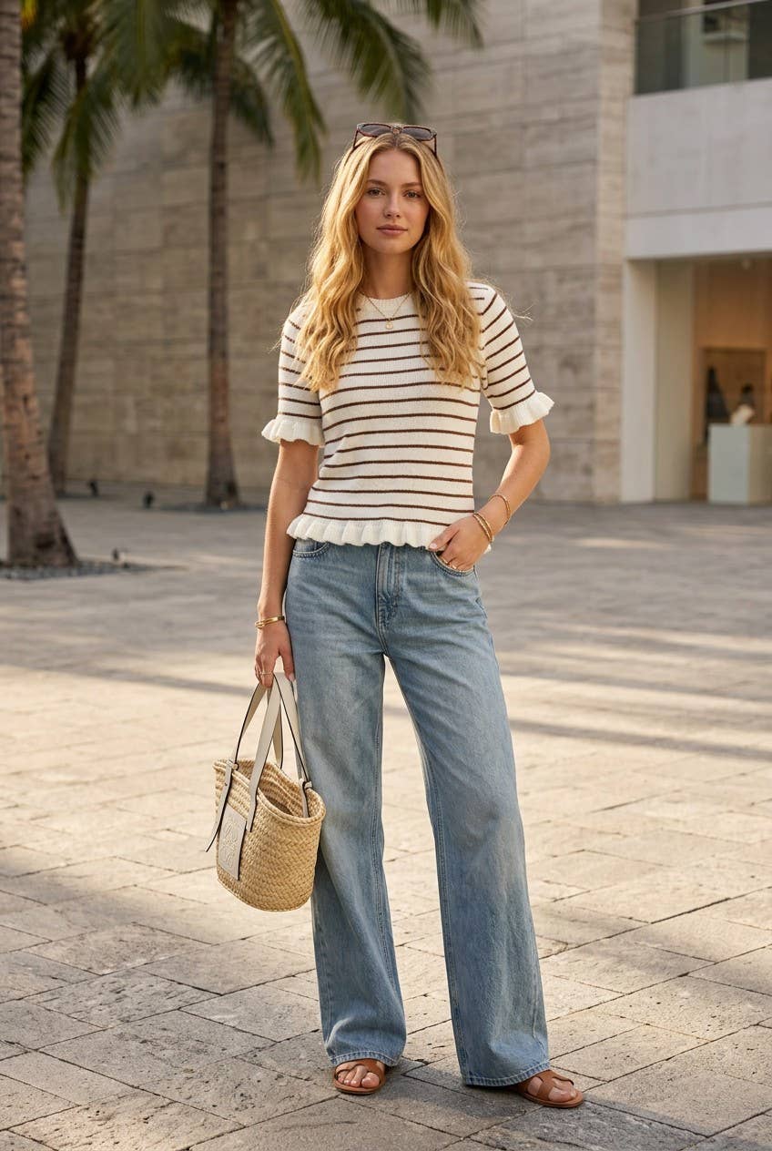 Vine & Love - Charming Striped Short Ruffle Sleeve Knitted Sweater VT60773
