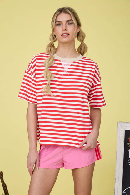 STRIPE COLORBLOCK DETAIL SHORT SLEEVE KNIT T-SHIRT