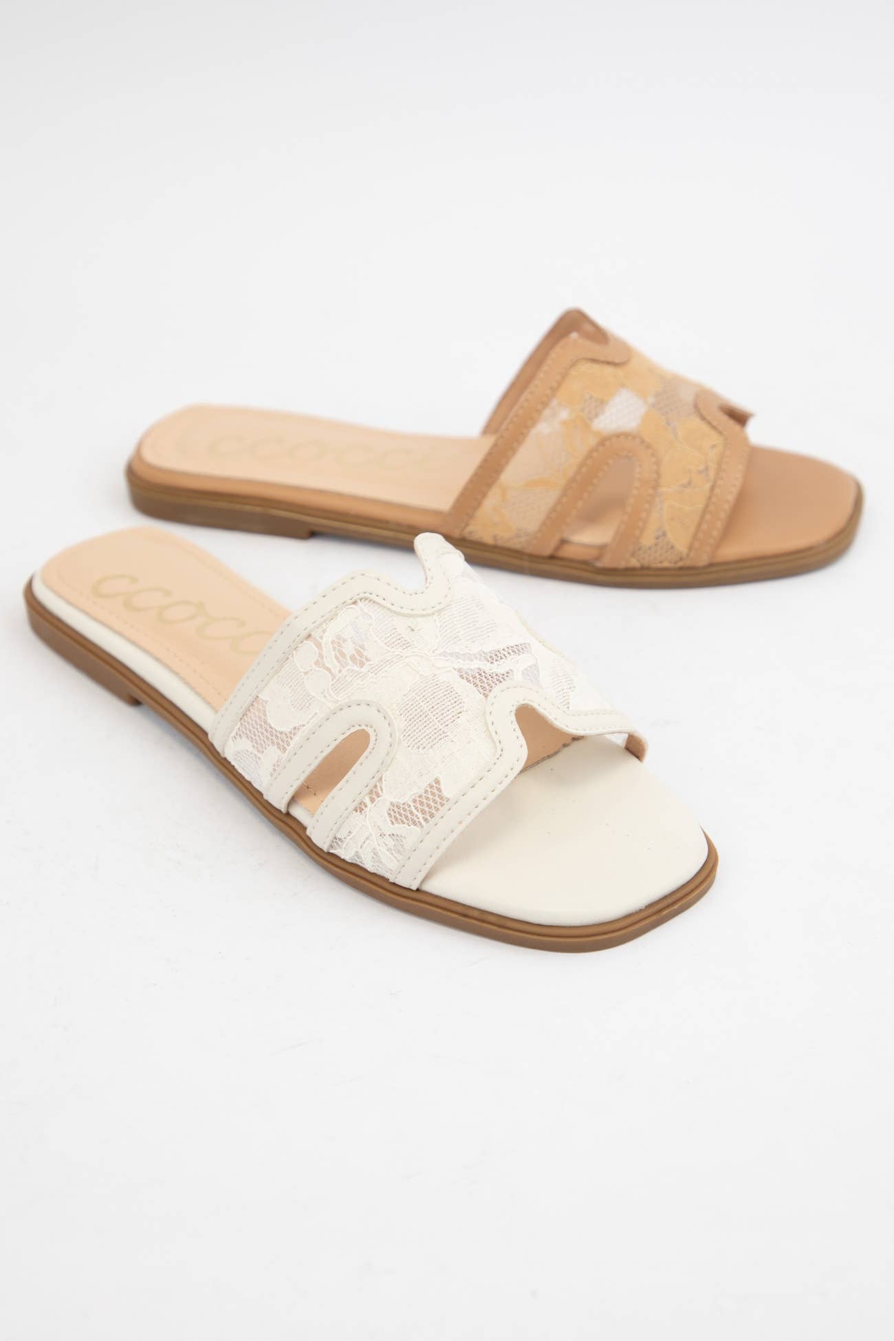 CCOCCI - BRITNEY Lace Mesh Sandals  H-Cutout Square Toe Slides