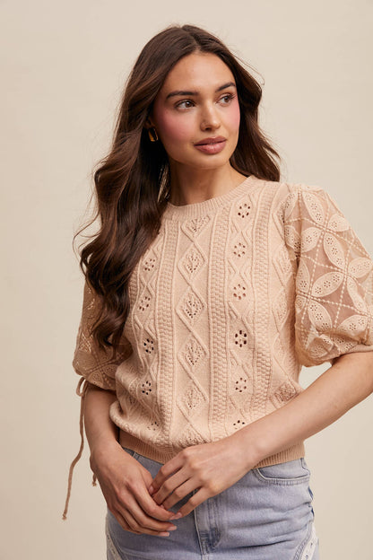 Listicle - Eyelet Puff Sleeve Knit Sweater Top