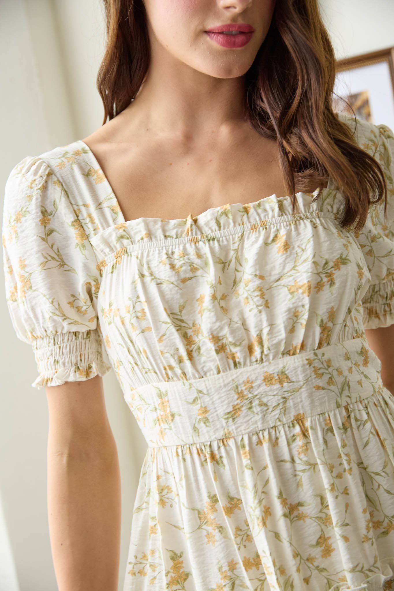 Ivory Floral square neck smocked tiered dress
