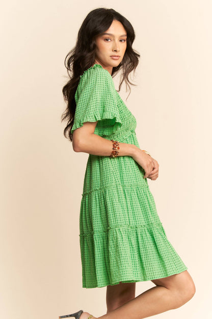 PLUS SMOCKING BODICE RUFFLE SLEEVE TIERED DRESS