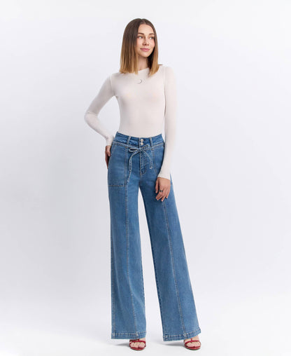 VERVET by FLYING MONKEY - SUPER HIGH RISE TIE WAISTBAND WIDE LEG JEANS T6765