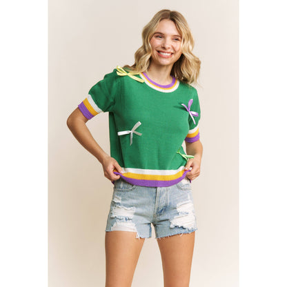 MARDI GRAS BOW DETAIL SHORT SLEEVE PULLOVER TOP