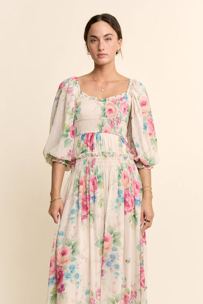 Davi & Dani - FLOWER PRINTED CHIFFON MAXI DRESS