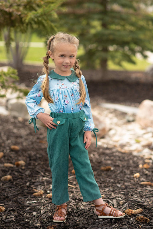 Wren & James - Kids Dark Teal Corduroy Pocket Bow Winter Pant Set