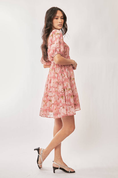 Davi & Dani - PLUS FLORAL BALLOON SLEEVE RUFFLE STRAP MINI DRESS