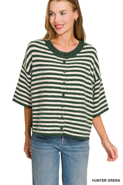 Striped Wool Blend Short Sleeve Cardigan Sweater