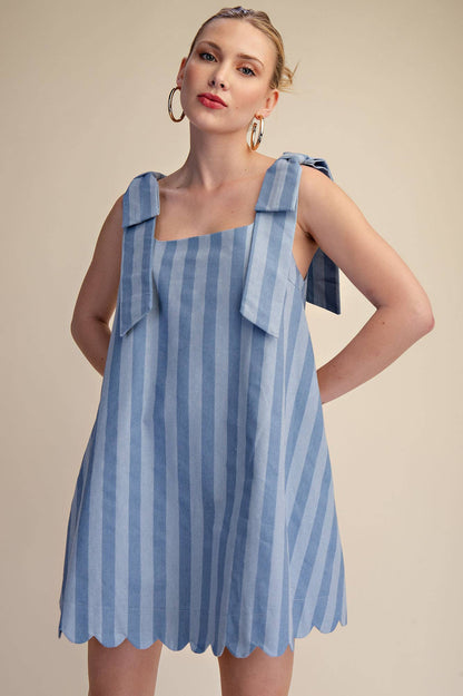 Glam - Scoop Neck Bow Shoulder Scallop Mini Dress
