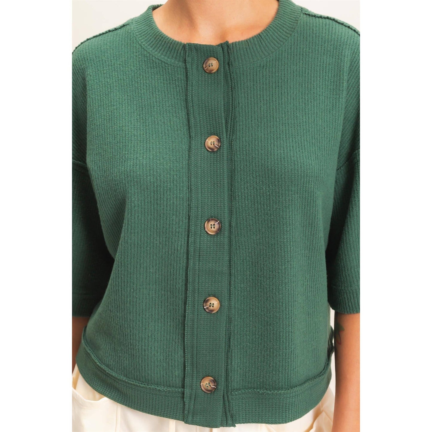 Button-Down Short Sleeve Waffle Top