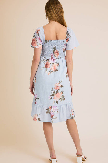SMOCKING SHORT SLEEVE RUFFLE HEM FLORAL PRINT DRESS
