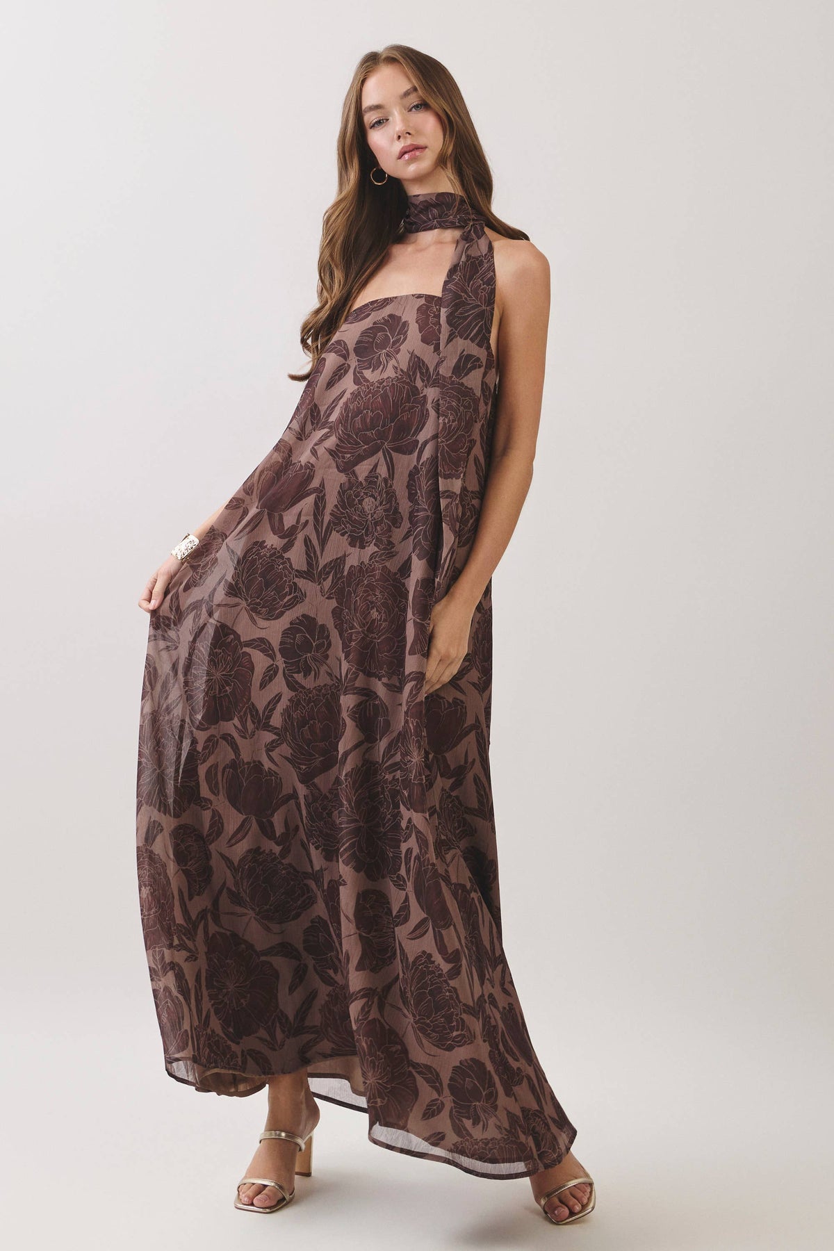 TCEC - CD07487-Floral Print Scarf Maxi Dress
