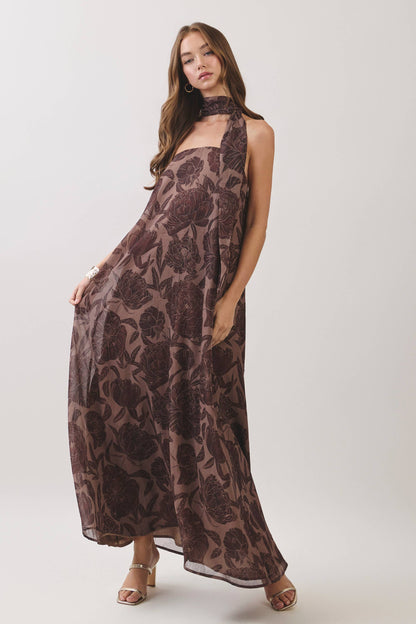 TCEC - CD07487-Floral Print Scarf Maxi Dress