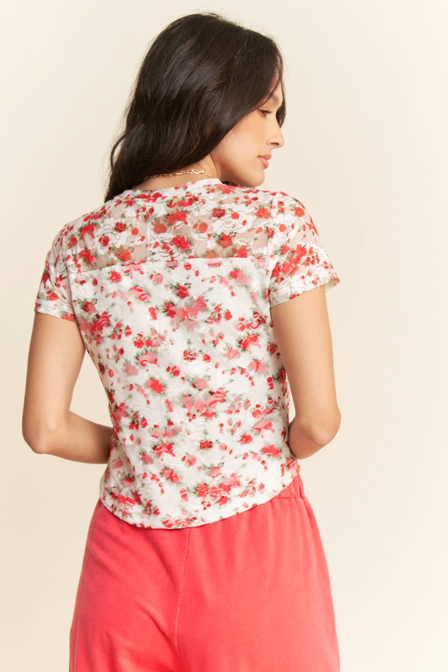 Davi & Dani - PLUS RIBBON SHORT SLEEVE LAYERED MESH TOP