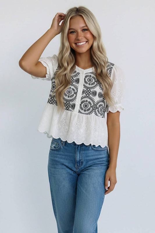 Kori America - BUTTON DOWN EYELET LACE SHIRTS BLOUSE