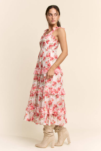 Davi & Dani - GARDEN FLORAL RUFFLE SMOCK SHOULDER MIDI DRESS