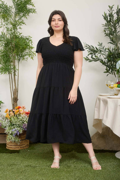 PLUS FLUTTER SLEEVE V NECK SMOCKED MIDI DRESS