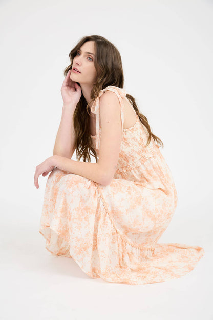 Blu Pepper - FLORAL SMOCKED SWEETHEART  RUFFLE TRIM MIDI DRESS