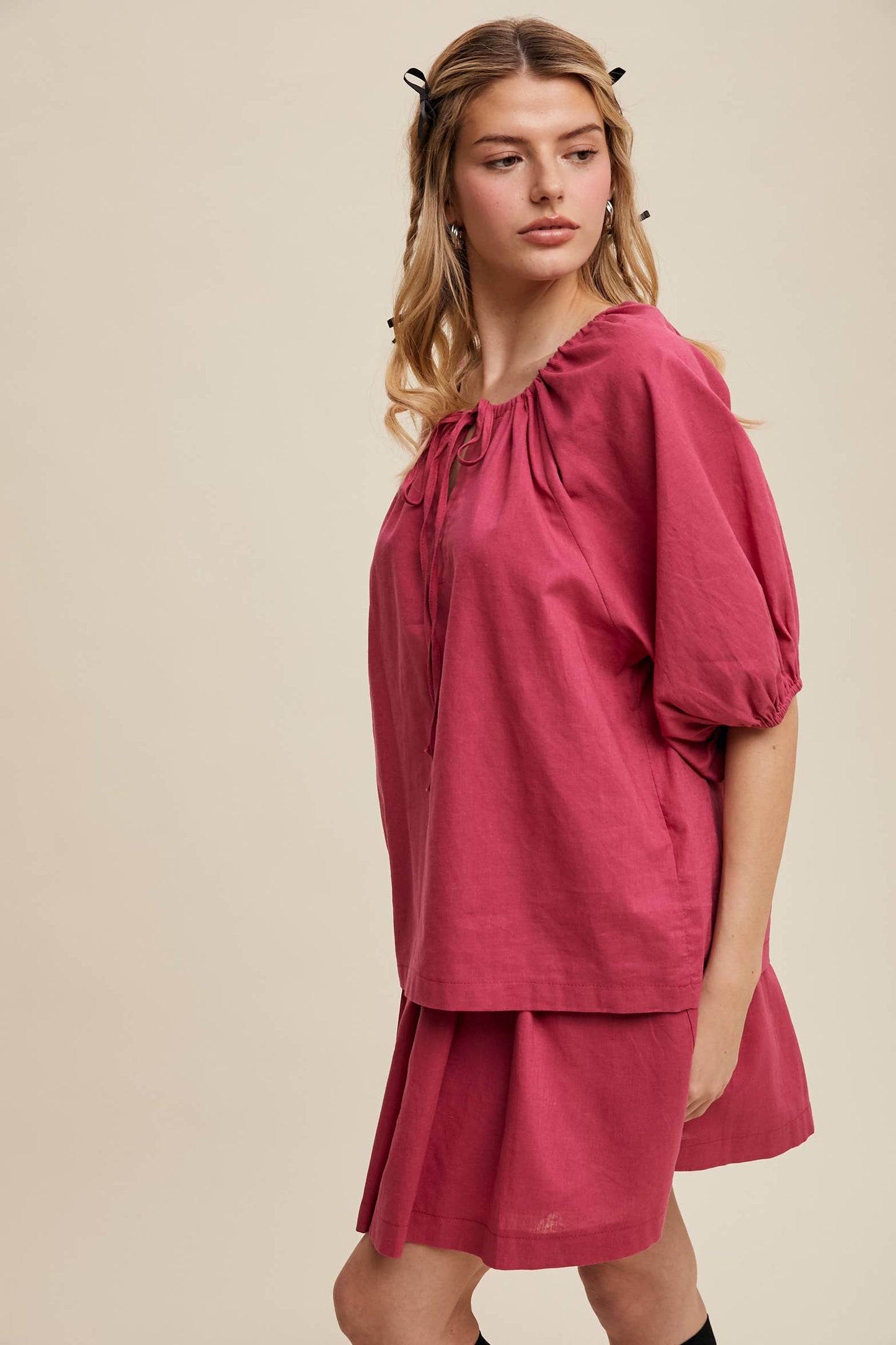 Listicle - Linen Puff Sleeve Blouse & Pleated Skirt Set