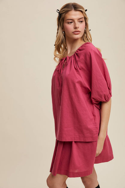 Listicle - Linen Puff Sleeve Blouse & Pleated Skirt Set