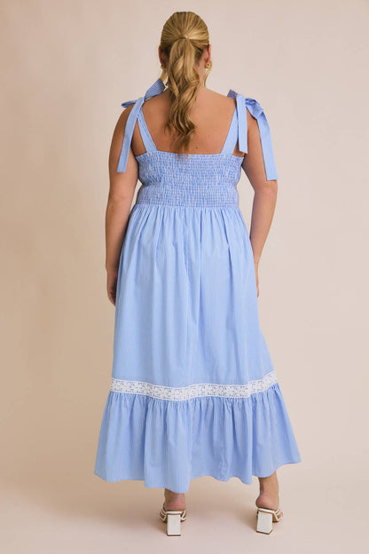 GILLI - PLUS SQUARE NECK TIE STRAP LACE TIRM STRIPE DRESS