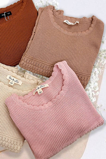Vine & Love - Round Neck 3/4 Sleeve Crochet Knitted Sweater Top VT81853