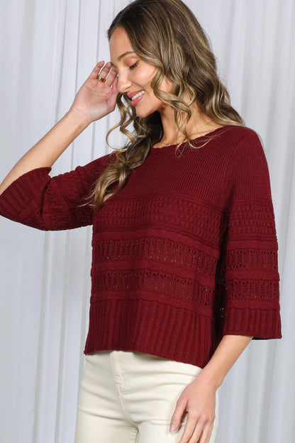 Vine & Love - Round Neck 3/4 Sleeve Crochet Knitted Sweater Top VT81853