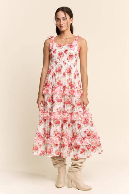 Davi & Dani - GARDEN FLORAL RUFFLE SMOCK SHOULDER MIDI DRESS